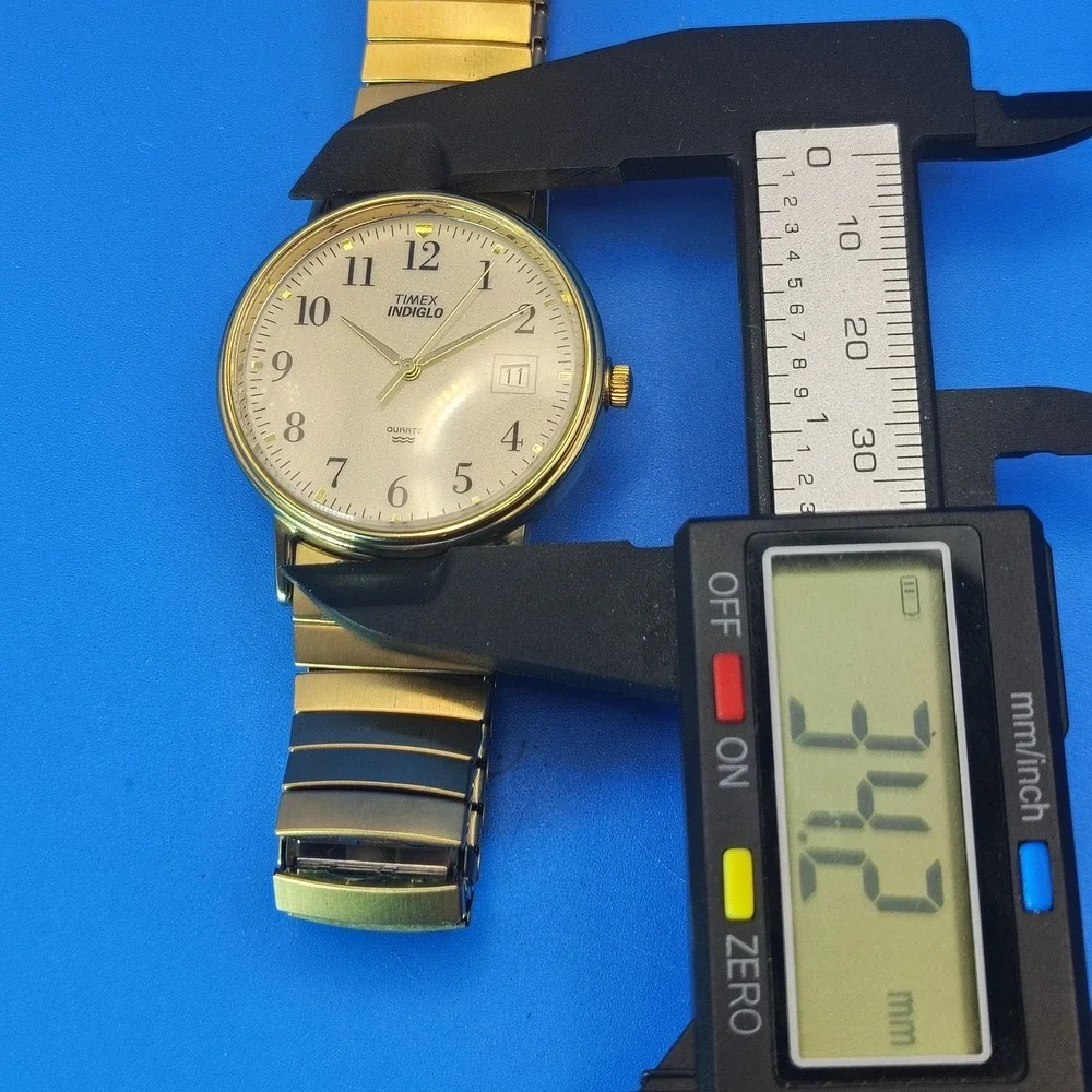 Vintage Timex Indiglo‎ Date 34mm Mens Quartz Dress Watch Stretch Bracelet 5-8+